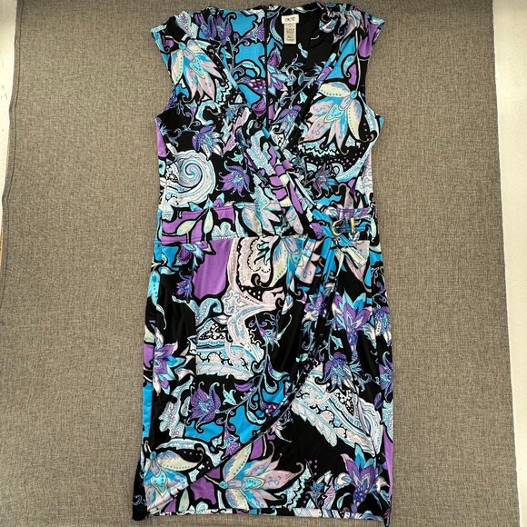 Cache Ruched Wrap Dress Sz 14 Knee Length Purple Blue Black Floral Paisley - Picture 1 of 10